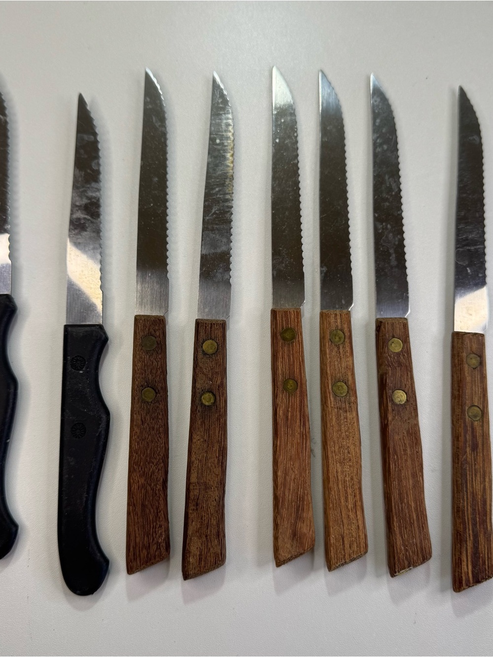 Vtg Frontier Forge Steak Knives Set of 6 Wood Handle Stainless Japan Mixed Lot